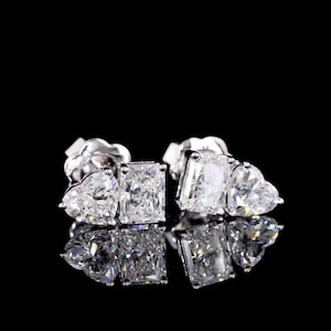 Herz & strahlende geschnittene Diamantohrringe, Toi Et Moi Ohrring, solide 14K Weißgold Creolen, Jahrestagsgeschenk für sie, tägliche Abnutzungsohrring