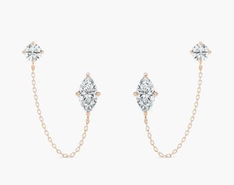 Round & Marquise Cut Lab Grown Four Diamond Stud Earrings, Solid 14K rose Gold Chain Earring, Chain Set Hoops, Party Wear Hoop Earring