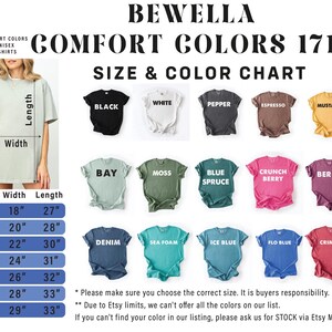 May include: A size and color chart for Comfort Colors 1717 unisex t-shirts. The chart displays various shirt colors, including black, white, and mustard. Sizes range from S to 4XL, with measurements in inches for width and length. The image also shows a person wearing a light green t-shirt.