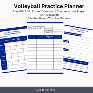 May include: A white background displays three printable volleyball practice planner sheets. The sheets are blue and white with text including "Volleyball Practice Planner," "Skill Development," and "Post-Practice Review." The planner is designed for players, coaches, and parents.