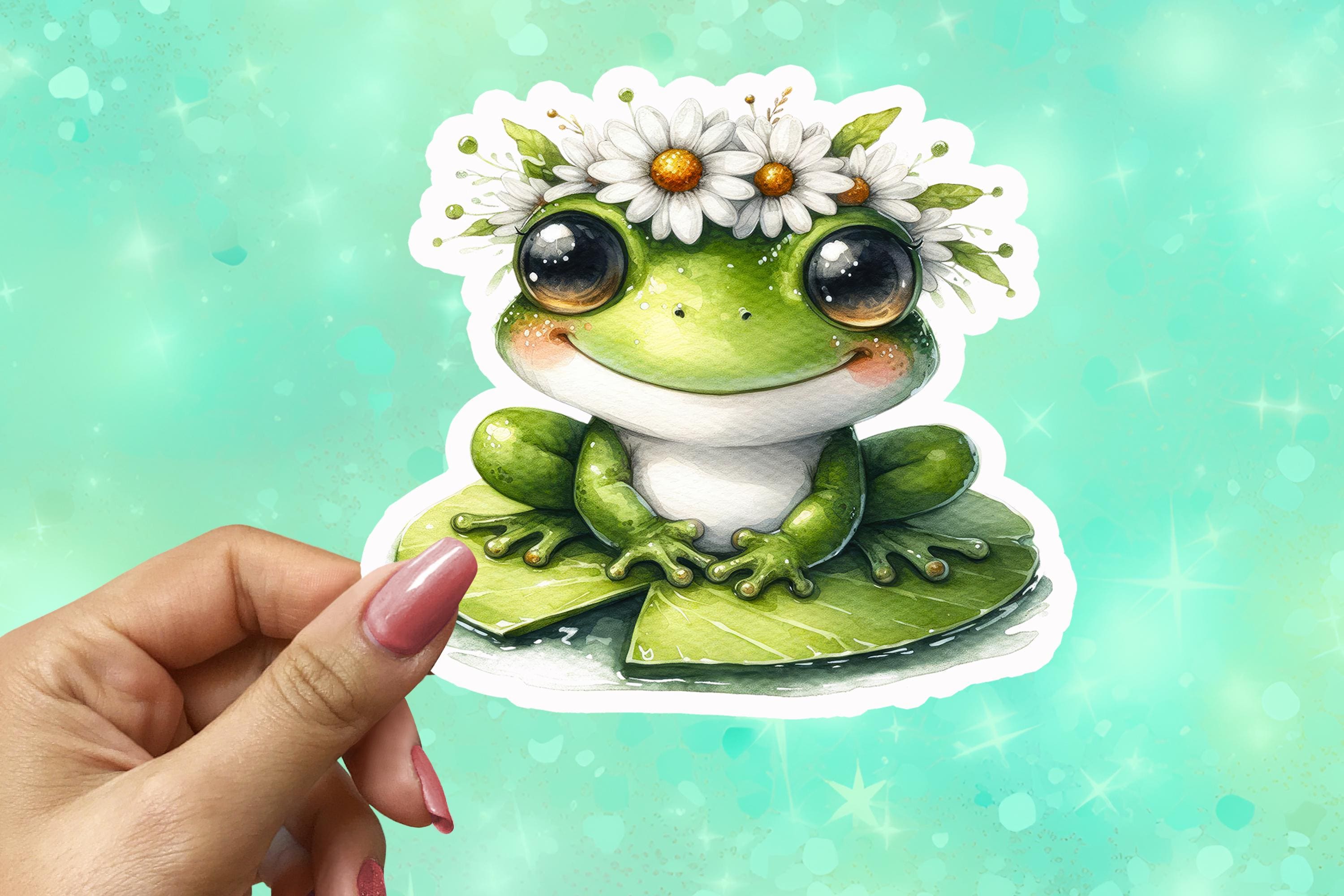 Cute Frog Sticker Waterproof Vinyl, Kawaii Frog on Lily Pad With Daisy ...