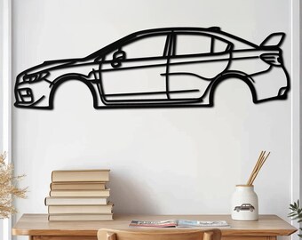 May include: Black metal wall art of a car silhouette. The car is a side profile of a Subaru WRX STI.