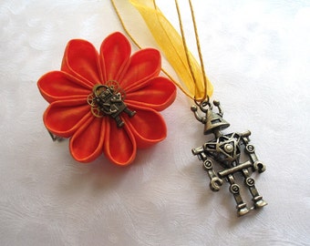 I <3 Robots Orange Clock Gear Hair Flower with Robot Neckalce