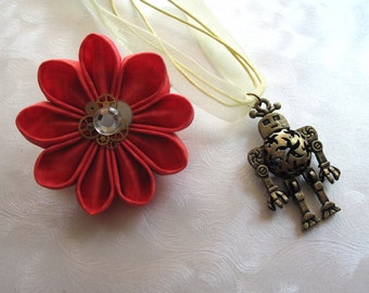 I <3 Robots Red Clock Gear Flower Hair Clip with Robot Necklace