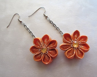 Frosted Orange Kanzashi Fabric Flower Earrings MountainMusings
