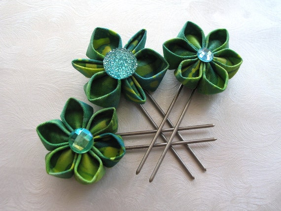 Totally Tropical Green Kanzashi Flower Hair Pins Amish Pins Etsy