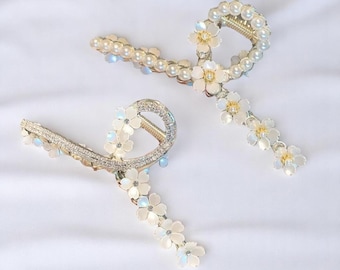 Korean Pearl Flower Hair Claw Clip: Tassel Barrette