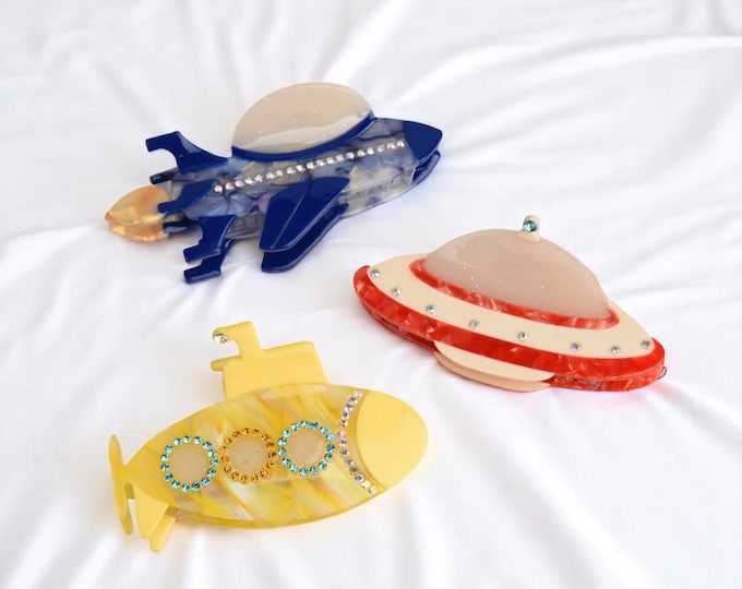 Acetate Hair Claw Clip: UFO & Submarine Design, Playful Hair Accessory