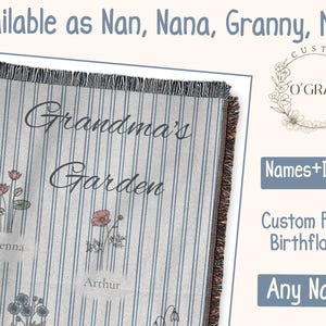 May include: A woven throw blanket featuring a light blue and white vertical striped pattern. The text "Grandma's Garden" is printed in a script font, accompanied by illustrations of various flowers and the names "Sienna" and "Arthur" below them.
