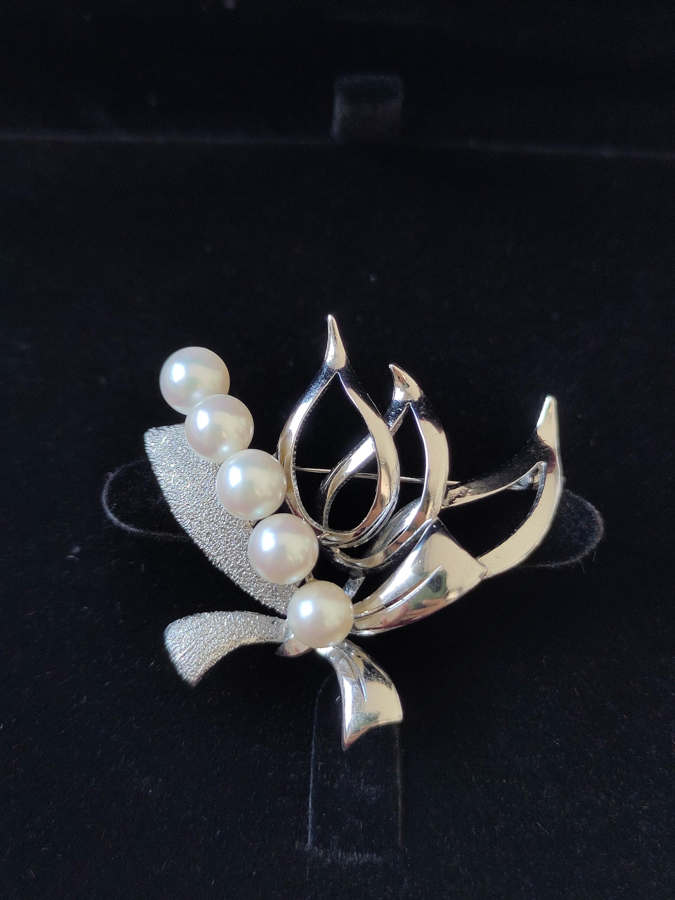 Broche Art Déco En Argent 925 - Perle Akoya 8.5mm Et émail - Vintage Années 20-30