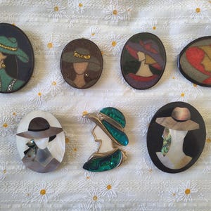 Vintage Mosaic Brooches: Nacre Shell Resin Pins, Set of 7