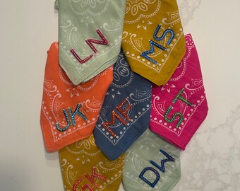 Hand Embroidered Bandana | Name Hair Scarf | Personalized Bandana | Embellished Bandana | Custom Bridesmaid Bandana | Bachelorette Bandana