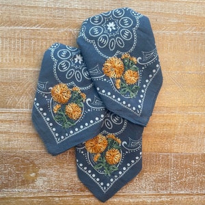 Hand Embroidered Marigold Bandana: Custom Initial Denim Blue