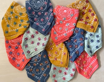 Hand Embroidered Wildflower Bandana: Personalized Cotton Hair Scarf