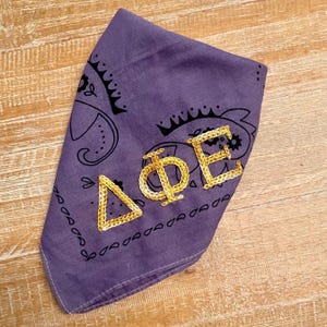 May include: Purple bandana with a black paisley pattern and gold chain lettering that reads "&Delta;&Phi;&Epsilon;".