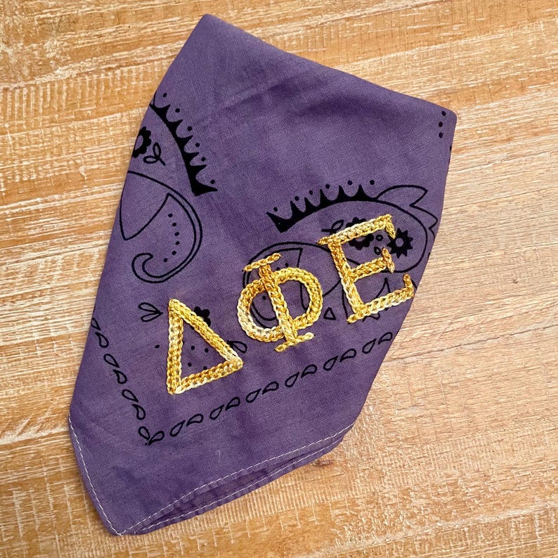 May include: Purple bandana with a black paisley pattern and gold chain lettering that reads "&Delta;&Phi;&Epsilon;".