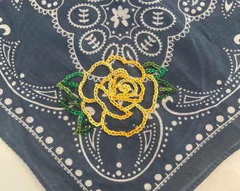 Hand Embroidered Bandana | Yellow Rose |  Initials or Name Customization | Bridesmaid, Bachelorette, Girls Trip or Mother’s Day Gift