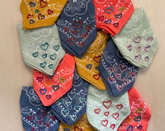 Hand Embroidered Bandana | Hearts | Necktie, Hatband or Face Mask | Customization or Personalization