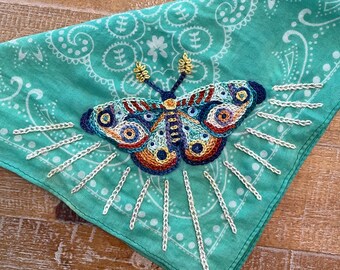 Hand Embroidered Bandana | Moth | One of a Kind |