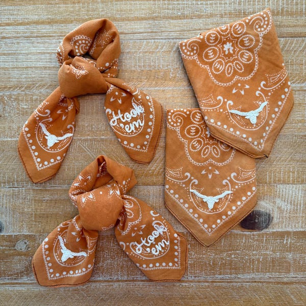 Chain Stitch Hand Embroidered "Game Day" Cotton Bandana | School Logos | Custom School | Longhorn