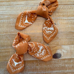 May include: Two burnt orange bandanas with white paisley patterns and the text "Hook 'em". One bandana features a white longhorn silhouette. The bandanas are knotted and arranged on a wooden surface.