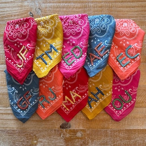 Double Chain Stitch Hand Embroidered Cotton Bandana | Custom Initials and Names | Bachelorette Gift | Girls' Weekend | Greek Letters
