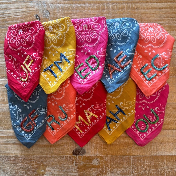 Double Chain Stitch Hand Embroidered Cotton Bandana | Custom Initials and Names | Bachelorette Gift | Girls' Weekend | Greek Letters