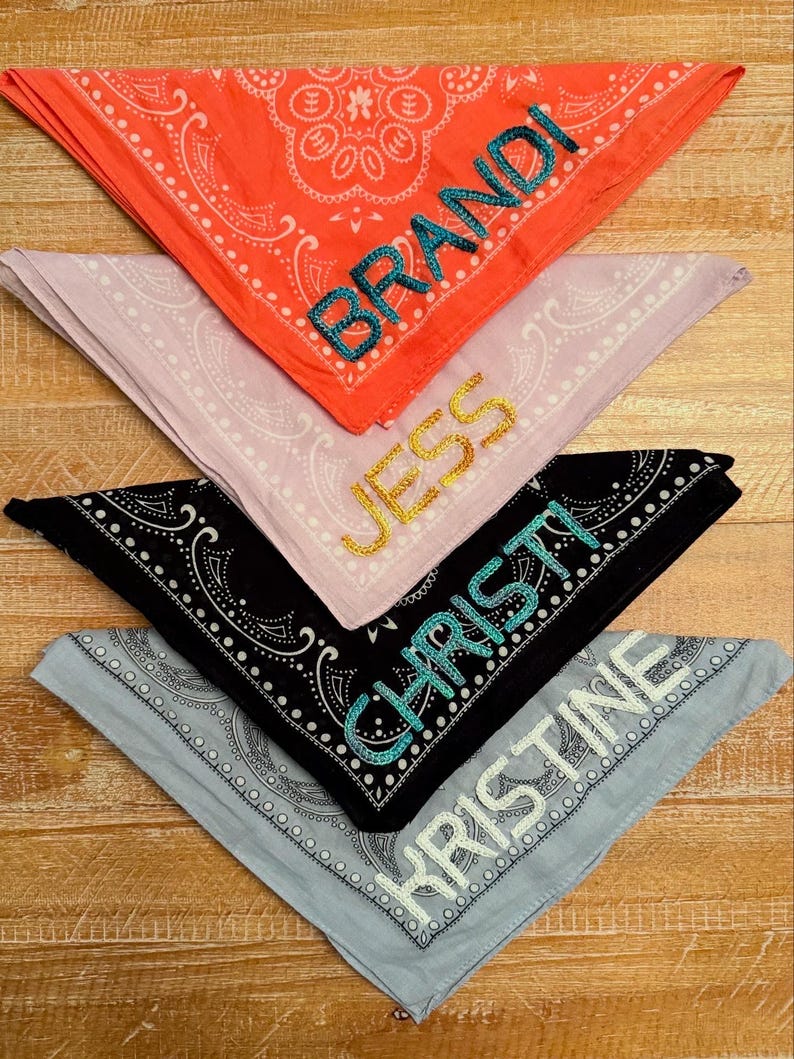 Double Chain Stitch Hand Embroidered Cotton Bandana | Custom Initials and Names | Bachelorette Gift | Girls' Weekend | Greek Letters image 5