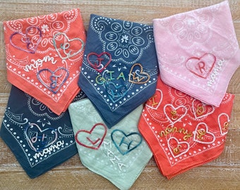 Hand Embroidered Bandana | Name Hair Scarf | Personalized Bandana | Embellished Bandana | Custom Heart Initial Bandana | Mother’s Day Gift