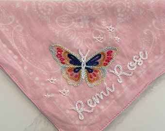 Hand Embroidered Bandana | Butterfly |  Initials or Name Customization | Bridesmaid, Bachelorette, Girls Trip or Mother’s Day Gift