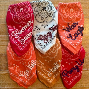 Pode incluir: Uma coleção de seis bandanas em várias cores, incluindo vermelho, laranja e branco. Cada bandana apresenta um design paisley e texto bordado, como "Boomer Soon", "Gig'em", "War Eagle", "Go Vols", "Hook'em" e "Pony Up".