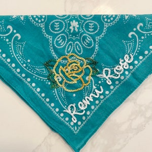 Hand Embroidered Bandana Yellow Rose Initials or Name Customization Bridesmaid, Bachelorette, Girls Trip or Mothers Day Gift image 3