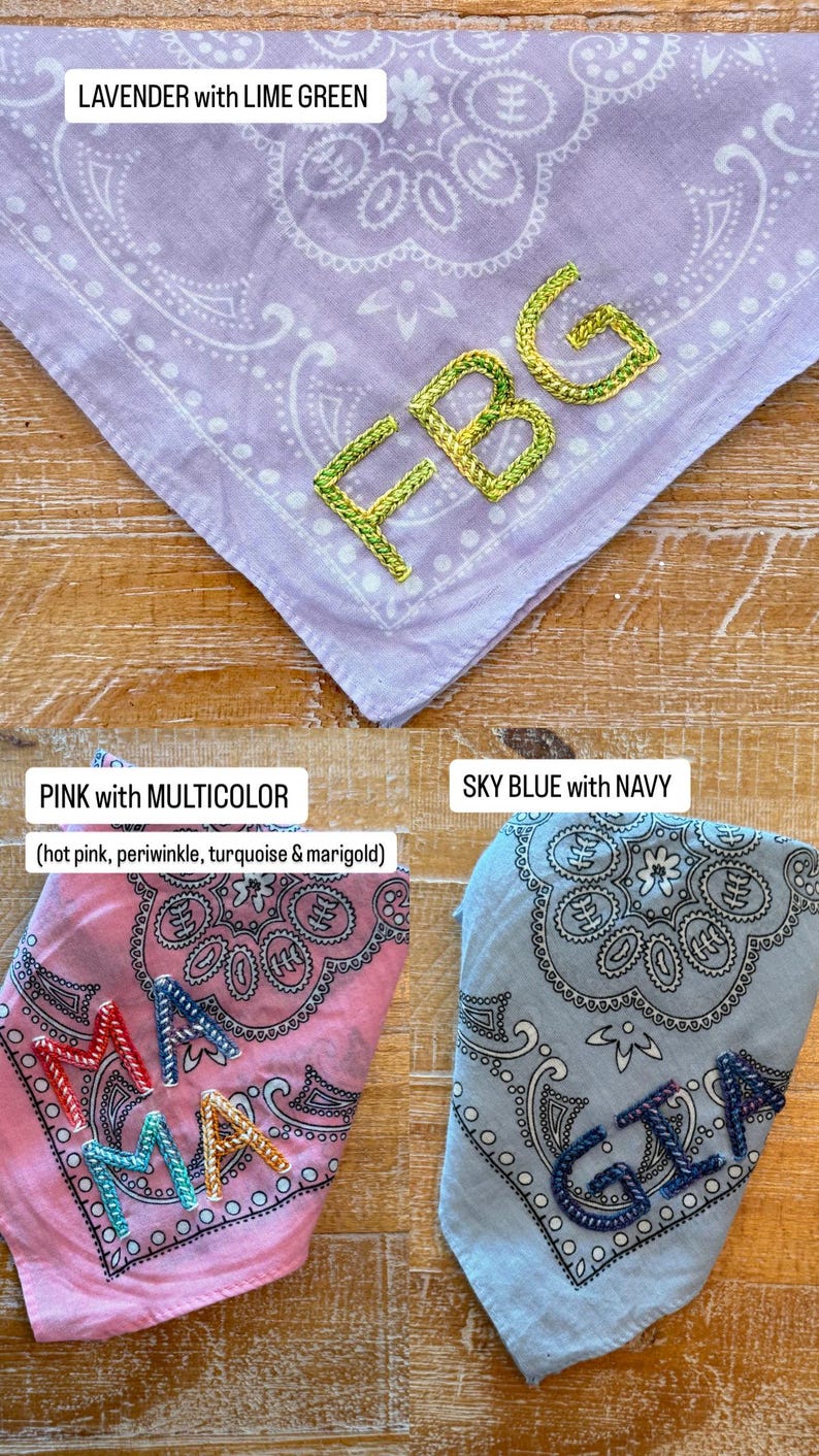 Double Chain Stitch Hand Embroidered Cotton Bandana | Custom Initials and Names | Bachelorette Gift | Girls' Weekend | Greek Letters image 3