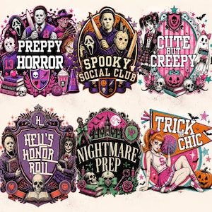 May include: A collection of six graphic illustrations featuring horror-themed characters and motifs. Designs include text such as PREPPY HORROR, SPOOKY SOCIAL CLUB, CUTE BUT CREEPY, HELL'S HONOR ROLL, NIGHTMARE PREP, and TRICK OR CHIC with skulls, pumpkins, and weapons.