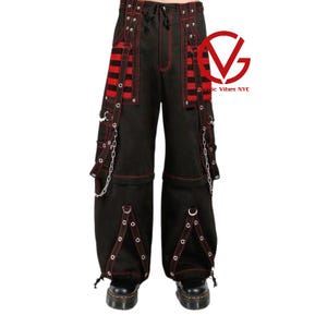 Handmade Cyberpunk Gothic Pants: Red Accent Chain Trousers