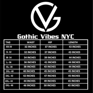 May include: A size chart for clothing with columns for tag size, waist, hip, and length measurements in inches.