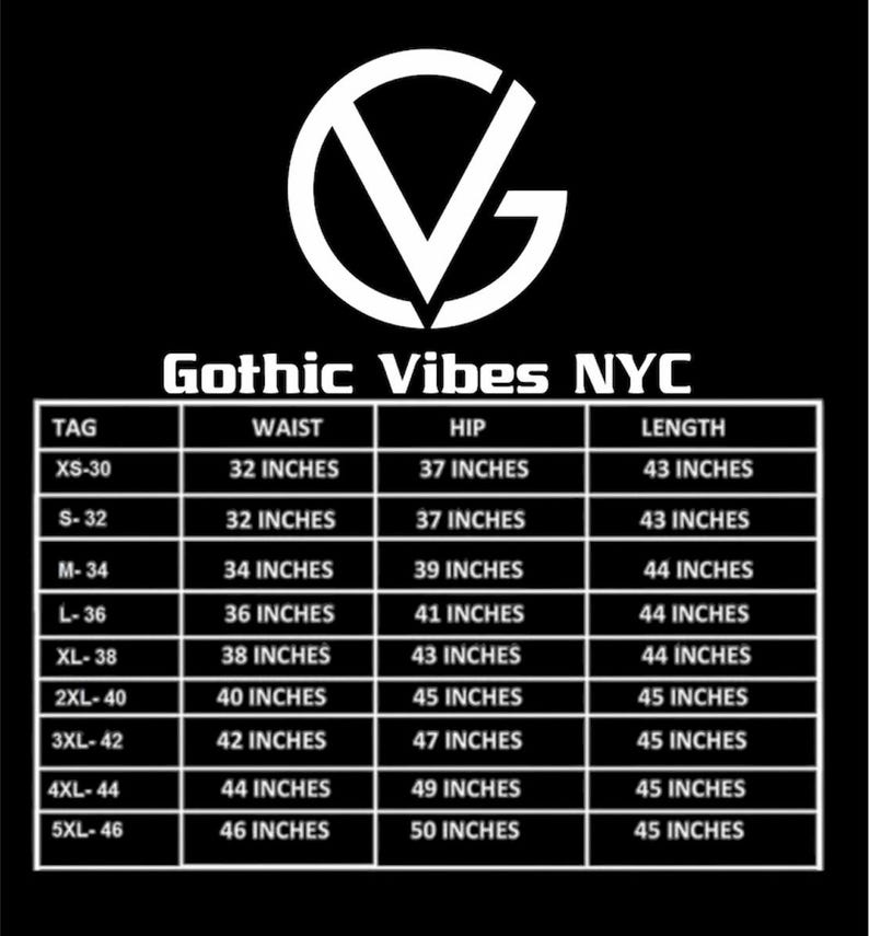 May include: A size chart for clothing with columns for tag size, waist, hip, and length measurements in inches.