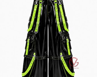 Pantalones cargo góticos de PVC negro brillante, estilo cyberpunk de pierna ancha y estilo techwear, con tirantes de colores.