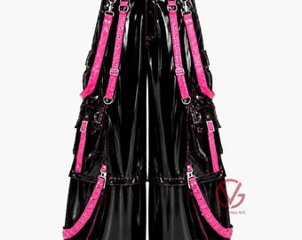 Shiny Black PVC Gothic Cargo Pants, Cyberpunk Wide Leg Techwear, Punk Rave Festival Outfit
