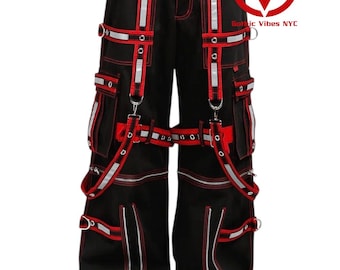 Handmade Gothic Cyberpunk Pants: Black Cotton Trousers with Red Straps