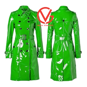 Gabardina gótica de vinilo verde loro hecha a mano: cortavientos de moda de piel sintética de PVC