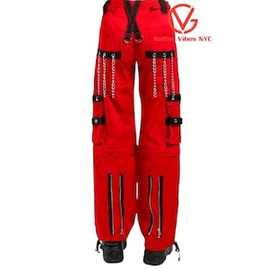 Red Gothic Cyberpunk Pants | Chain Detail Cotton Trousers, Festival Outfit image 3