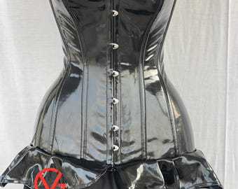 Black PVC Corset Top Gothic Latex Waist Trainer with Ruffle Hem | Fetish Lingerie, Burlesque