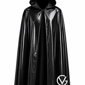 May include: A floor-length black cape with a glossy, patent-like finish and an attached hood. The garment features a smooth, reflective surface and vertical folds throughout the fabric. A white logo with the text Gothic Vibes NYC is visible.