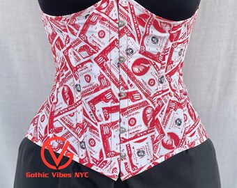 Corsé con estampado de dinero vintage en rojo y blanco hecho a mano, con varillas de acero para la cintura.