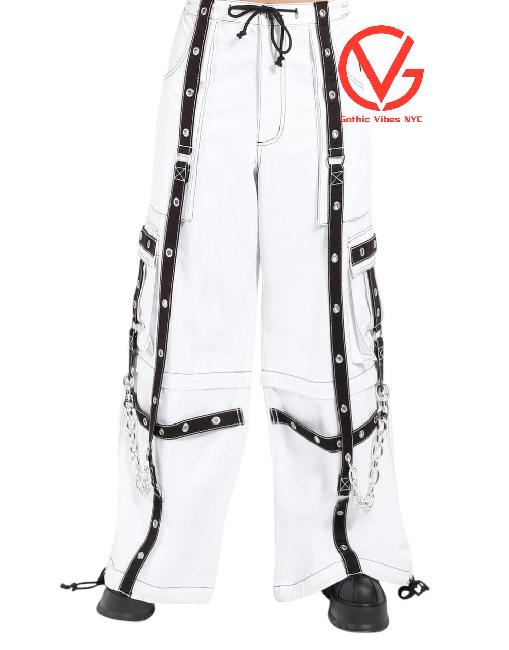 Handmade White Gothic Cargo Pants, Cyberpunk Wide Leg, Chain Detail (Cotton)