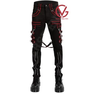 Handmade Gothic Cyberpunk Pants: Black Cotton Jeans with Red Details