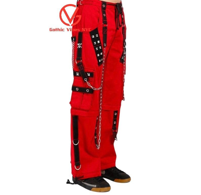 Red Gothic Cyberpunk Pants | Chain Detail Cotton Trousers, Festival Outfit image 2