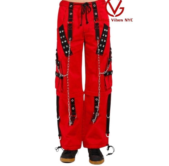 Unisex Handmade Gothic Pant/Goth Jeans Punk Cyber Chain Rock Red and cotton Trouser