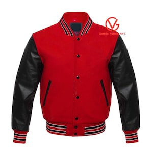 Varisty Letterman Jacket in Red Wool And Black Leather sleeves Personalized College Jacket Bomber Jacket customization Jacket